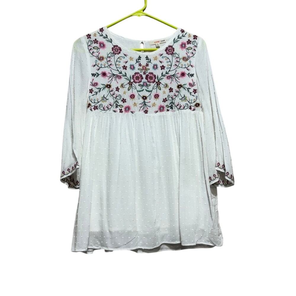 orange creek White Peasant Blouse with Pink Floral Embroidery NWOT